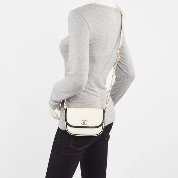 Chanel White/Black Quilted Grained Leather Mini Flap Messenger Bag - Picture 1 of 12